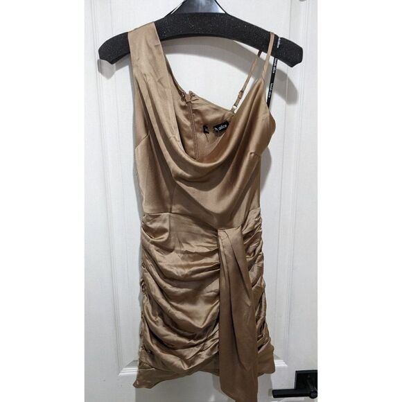 New Lavish Alice | Satin Cowl Neck Gathered Minidress in Bronze - Picture 4 of 14